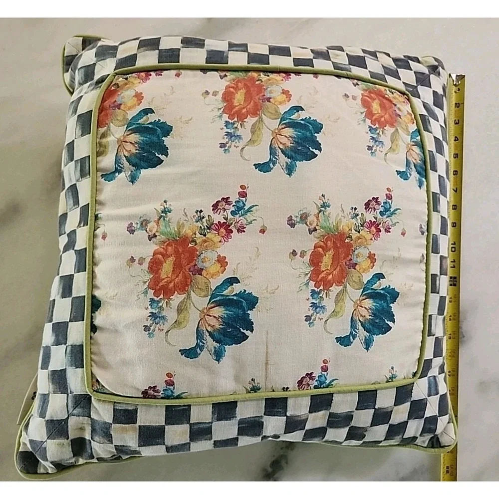 Mackenzie Childs 20in Square Pillow Black Courtly Check Border w/Floral Center